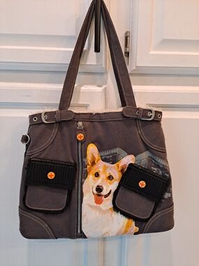 Fuzzy Nation Gray Jersey Knit Tote Bag with Corgi Print and Faux Fur Interior